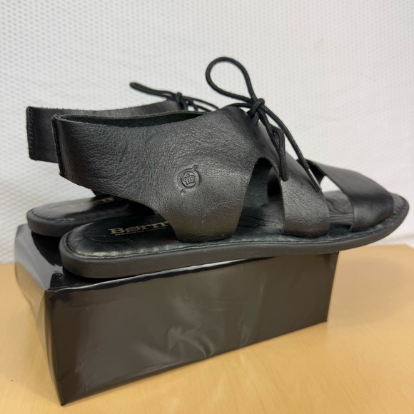 Born Womens Sandal Size 10 Black Leather Flat Ankle Lace Up Gladiator Open Toe - Picture 4 of 8